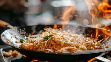 A dynamic image of stir-fry noodles and fresh vegetables being cooked over an open flame in a wok, highlighting the captivating and fast-paced Asian culinary technique.