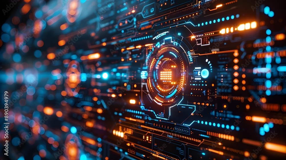 Poster cutting edge cyber interface with glowing data streams and interactive elements high tech futuristic