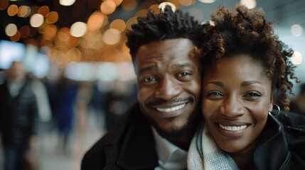 Fototapeta premium A happy couple stands closely together, smiling broadly at the camera with a bokeh background of station lights, capturing joy and love in a bustling environment.