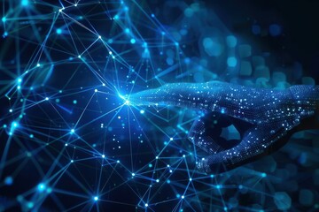 Digital Technology Concept with Human Hand and Virtual Screen on a blurry dark background