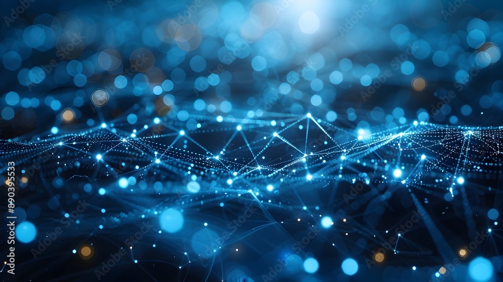 Poster futuristic digital network visualization with interconnected nodes and lines in cyber background con