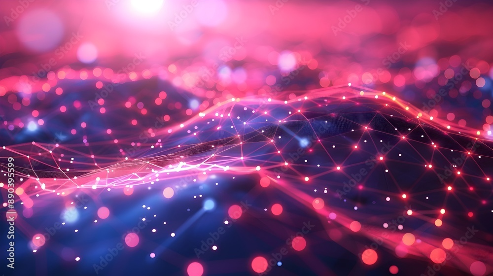 Poster vibrant digital network visualization with interconnected nodes and flowing lines in futuristic cybe