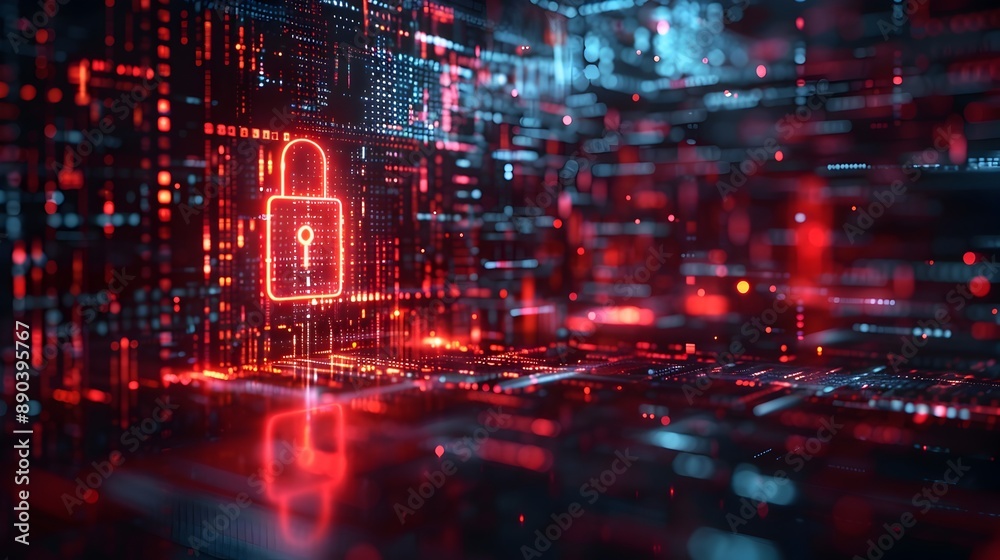 Poster digital security concept with lock and matrix background secure and high tech cyber
