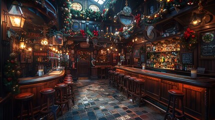 Festive bar adorned with Christmas lights and decorations.