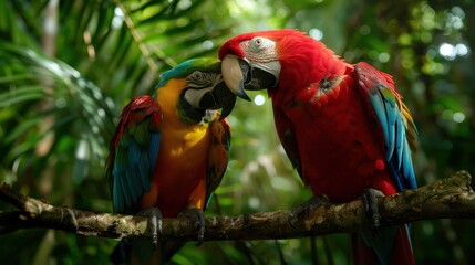 Fototapeta premium A scarlet macaw and blue-and-yellow macaw sitting closely together on a branch, showing their beautiful and vibrant feathers amidst a lush tropical background, creating a serene wildlife scene.