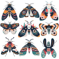 Moths Boho-Chic fashion cartoon isolated whitebackground