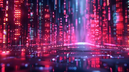 Fototapeta premium Vibrant Cyber Landscape with Floating Digital Elements and Luminous Futuristic Backdrop