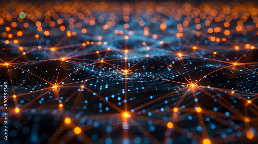 Poster intricate digital network with glowing interconnected nodes and lines futuristic cyber background co