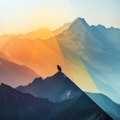Realistic mountain range at sunrise close up, focus on, copy space Golden light and majestic peaks, Double exposure silhouette with eagle