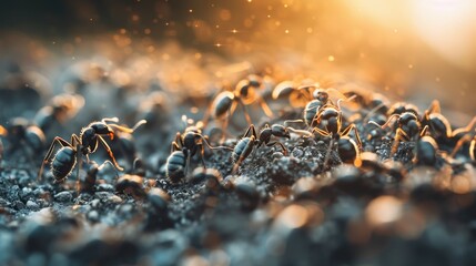 A detailed close-up image focusing on ants working together on a mound, illuminated by golden sunlight, showcasing their teamwork and the beauty of nature's smallest creatures.