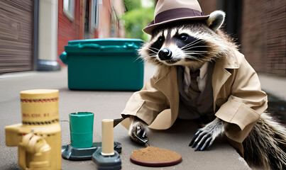 Detective Raccoon: Raccoons with trench coats, hats, and magnifying glasses, investigating a case in a city alley, mystery novel cover, intriguing and playful.