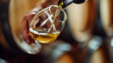 A detailed image shows white wine being poured into a glass from a bottle, capturing the elegance and fineness associated with wine consumption and tasting.