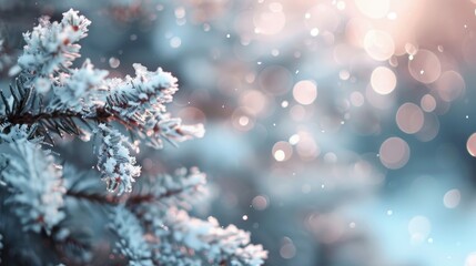 A picturesque winter scene with a snow-covered pine tree branch in the foreground and a beautiful bokeh effect in the background, creating a serene and tranquil atmosphere.