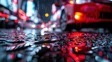 Wet urban street illuminated by vivid red and yellow reflections from the neon lights, capturing the essence of city nightlife with blurred car movements and rainy atmosphere.