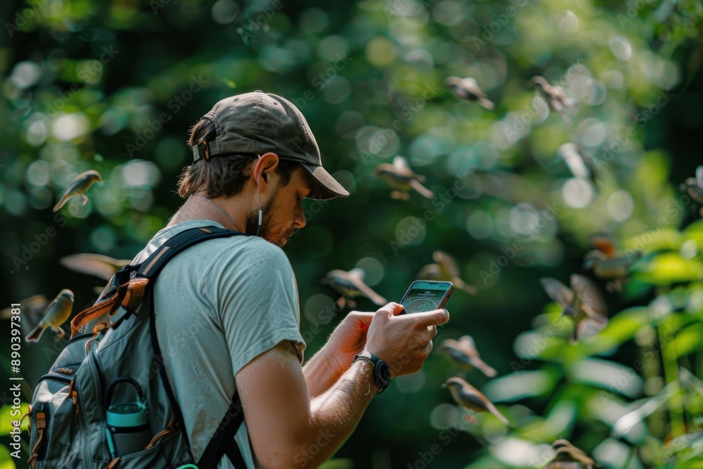Wall mural a bird watcher uses a mobile app to log bird sightings and contribute to citizen science projects. t