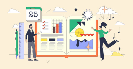 Personality types and individual differences tiny person neubrutalism concept. Psychological individuality traits with different characteristics, perception, skills and interests vector illustration.