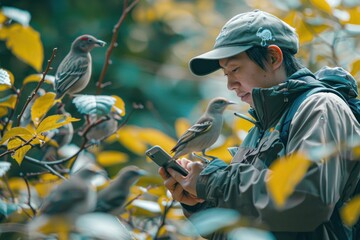 A bird watcher uses a mobile app to log bird sightings and contribute to citizen science projects. The observer is in a picturesque location, surrounded by various bird species. The image emphasizes