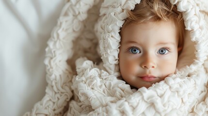 A bright-eyed baby with slightly wavy hair is wrapped cozily in a soft, intricately designed white blanket, creating an image of innocence and comfort.