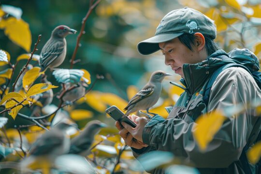 A bird watcher uses a mobile app to log bird sightings and contribute to citizen science projects. The observer is in a picturesque location, surrounded by various bird species. The image emphasizes
