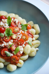 Italian gnocchi with tomato sauce with mozarella and basil on plate 