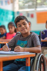An adorable disabled latino boy smiling while sitting on wheelchair in a classroom at school.