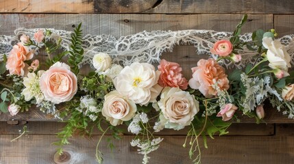 Handcrafted blooms with rustic wood backdrop and vintage ivory lace