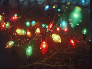 Obraz premium Festive Vintage Christmas Lights in Multicolored Glow Captured on Film for a Classic Feel