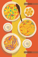chinnese food poster with dumplings and noodles