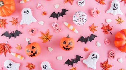 Halloween flat lay with adorable decorations on pastel pink backdrop
