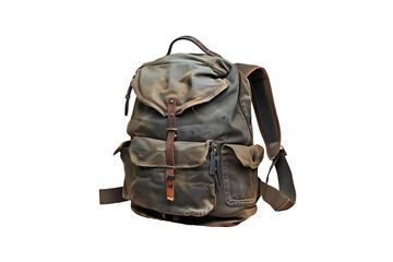 A worn leather travel backpack cut out photo