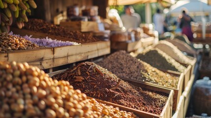 Colorful spices and grains at a farmers market