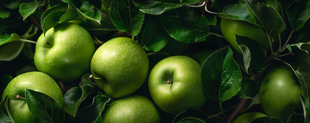 A close-up view of ripening green apples hanging amidst lush green leaves on a tree branch The apples appear fresh and ready for harvest with their vibrant green color standing out against the darker 