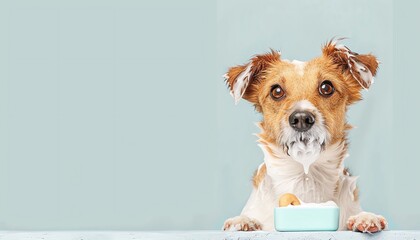 Applying conditioner, relaxed pet enjoying treat, watercolor style,  object, deep depth of field, no blur,