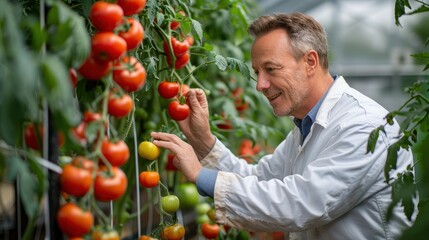 Male agricultural scientist inspecting tomatoes growing on vine in greenhouse. Concepts. agriculture, science, food production, sustainability.