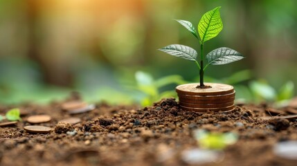 Plant Growing On Stack Of Coins In Soil. Concept of Investment Growth, Financial Success, And Sustainable Business.