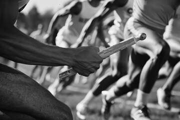 Nostalgic 1960s Relay Race in Black and White - Vintage Sports Attire and Athletes Passing Baton