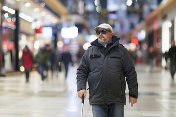 Independence and Accessibility: Blind Man Navigating a Bustling Mall with Confidence and Assistive Technology