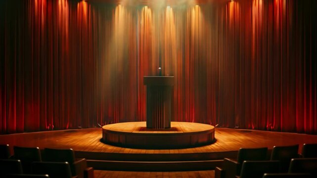 A stage lit by spotlights, with red curtains, a wooden podium, and empty chairs.