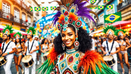 Naklejka premium Brazil Independence Day Celebration Samba Dancer In Costume At Brazilian Festival 