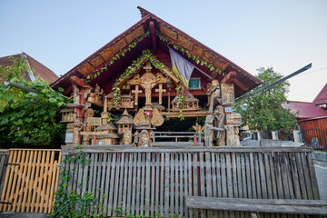 landscape with different traditional houses from Maramures, Romania, Houses built predominantly from wood.