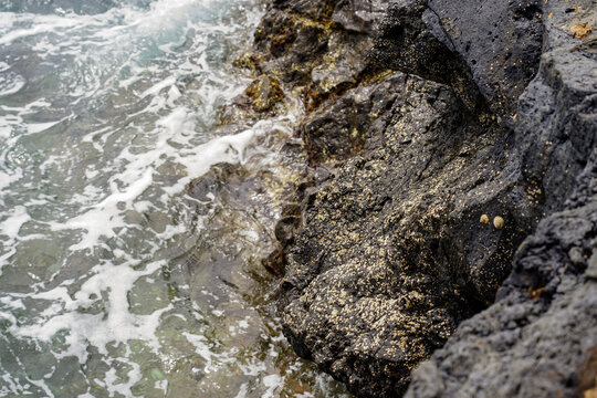 Brandung trifft auf vulkanische Felsen an der K&uuml;ste Lanzarotes