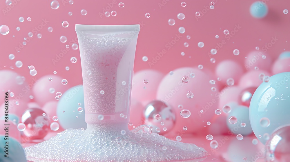 Poster pink and blue abstract with foam and bubbles.