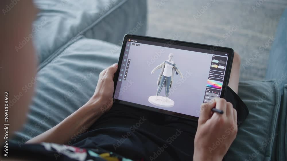 Poster focused teenager draws clothes for game character using 3d modeling program. boy with digital pencil