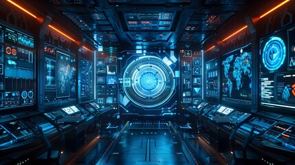 Futuristic Holographic Control Room with Interactive Digital Displays and Cyber Background