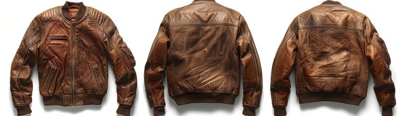 Brown leather jacket isolated on white background. Front, back and side views.