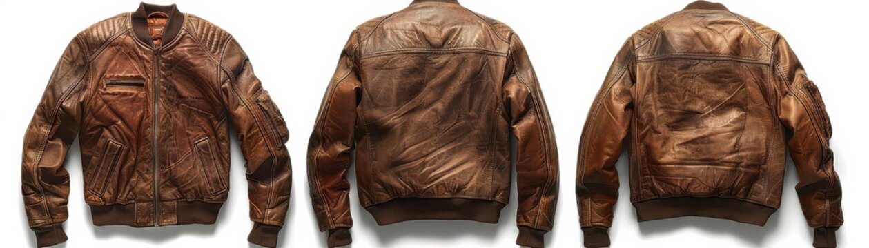 Brown leather jacket isolated on white background. Front, back and side views.