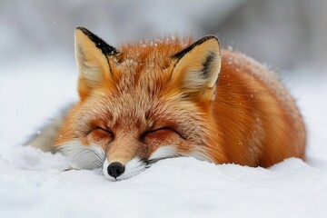 Obraz premium Beautiful red fox peacefully sleeping in the snow, showcasing the serenity of nature and wildlife in a winter wonderland.
