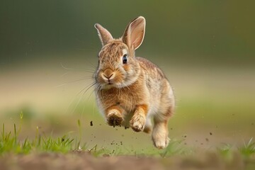 Fototapeta premium Close-up action shot of a rabbit leaping through a grassy field, showcasing its agility and speed.