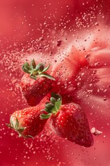 .Chaotic explosion of colors with sliced strawberries on a blurry background .