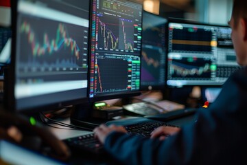 Fototapeta premium Focused Stock Trader Analyzing Real-Time Market Data and Trends on Multiple Monitors